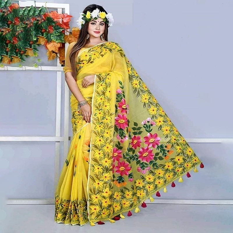 Yellow Hand Print New Excellent Collection Sarees, Fashionable, Stylish and Comfortable, Half Silk Sharee For Women