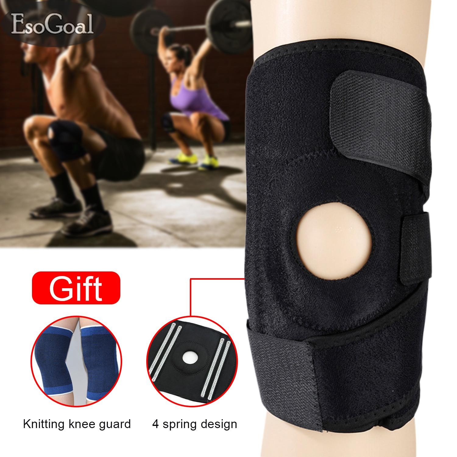 EsoGoal 1 PCS Adjustable Knee Guard Support Grade A 4 Spring Single Brace Protector Breathable Outdoor Training Knee Pads Hole Knee Pad Safety Guard Strap Sleeve