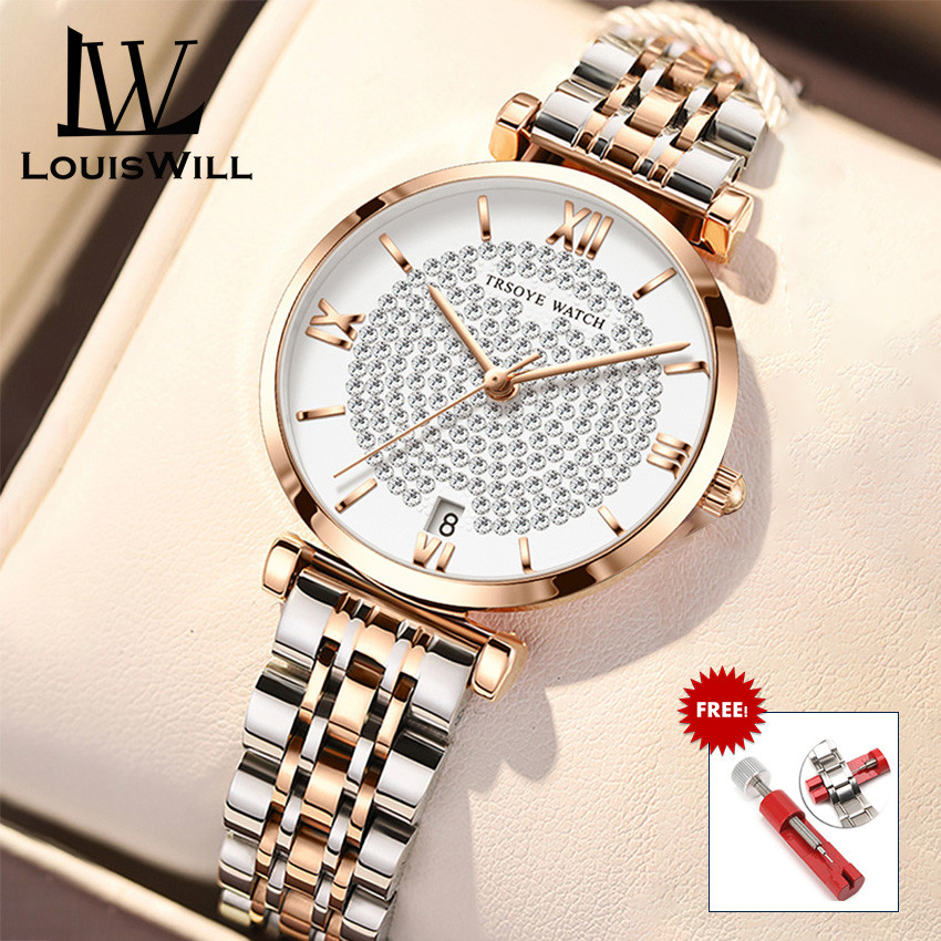 badgeLouisWill Women's Watch Fashion Ultra Thin Watch Light Luxury Sky Star Watch With Diamond Calendar Waterproof Quartz Watch Steel Band Watch Elegant Gifts for Women Ladies 30M Waterproof