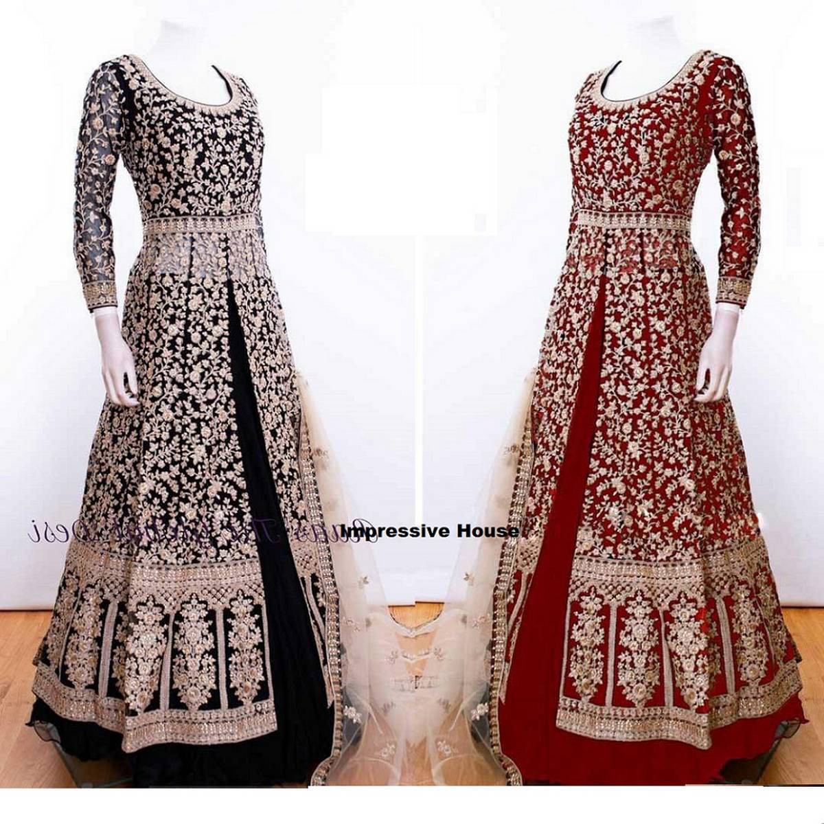 Unstitch Red and Golden Embroidery Georgette Gown For Women