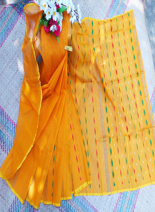 yellow color Half Silk Jamdani Saree for Baby Girl (Waist to feet : 33inch long)