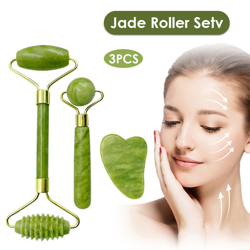 LouisWill 3PCS Jade Roller and Gua Sha Set Facial Roller 100% R-eal Natural Jade Facial Scraping Tool for Wrinkles, Anti Aging Face Massager with Authentic, Durable, Noiseless Design for Face