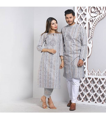 Men's & Women's Couple Panjabi & Kameez Combo Ash