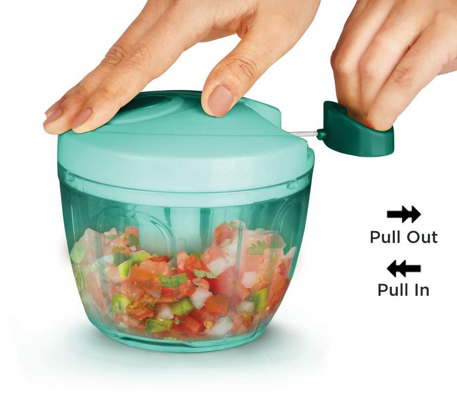 Vegetable Chopper Handy Quick Cutter for Kitchen, 3 Blade Stainless Steel, Pull String, Green