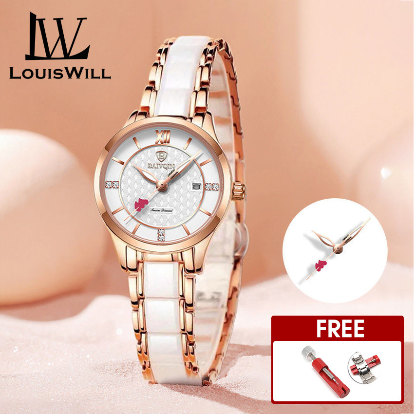 LouisWill Ladies Fashion Watch Retro Quartz Watch 30M Waterproof Watch Cera-mics Thin Strap Watch Ro-man Numerals Di-al Watches Luxury Design Watch Wr-istwatch with Ca-lender Lu-minous Pointers