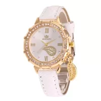 Roman Numbers Rhinestone Leaf Charm Women Faux Leather Band Quartz Wrist Watch