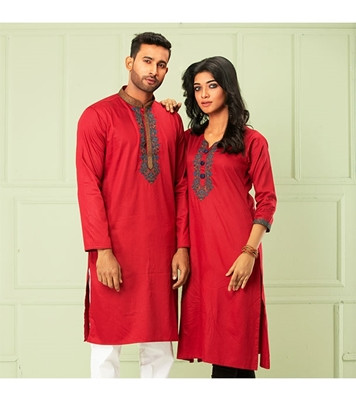 Men's & Women's Couple Panjabi & Kameez Combo Red