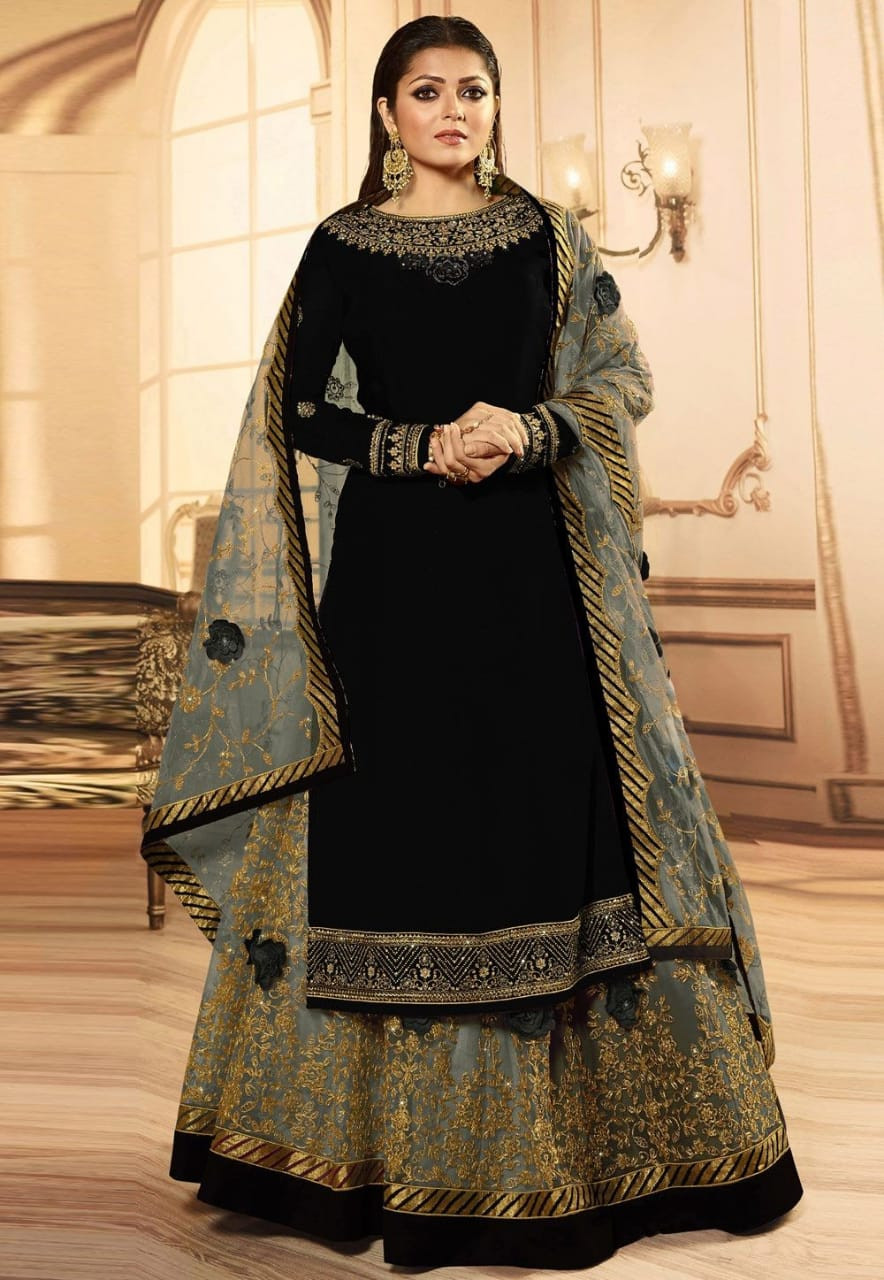 badgeAhelia - Semi-stitched Georgette Embroidery Work Free Size Exclusive Designer - Gown Anarkali Party Wear Suits For Women