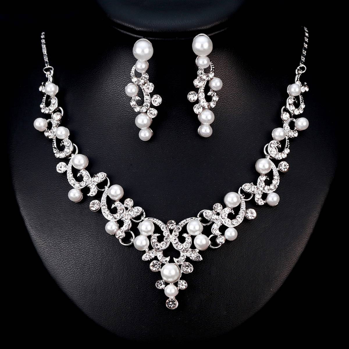 Fashion Alloy Rhinestone Faux Pearl Necklace Earrings Women Bride Jewelry Set