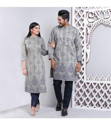 Men's & Women's Couple Panjabi & Kameez Combo Ash