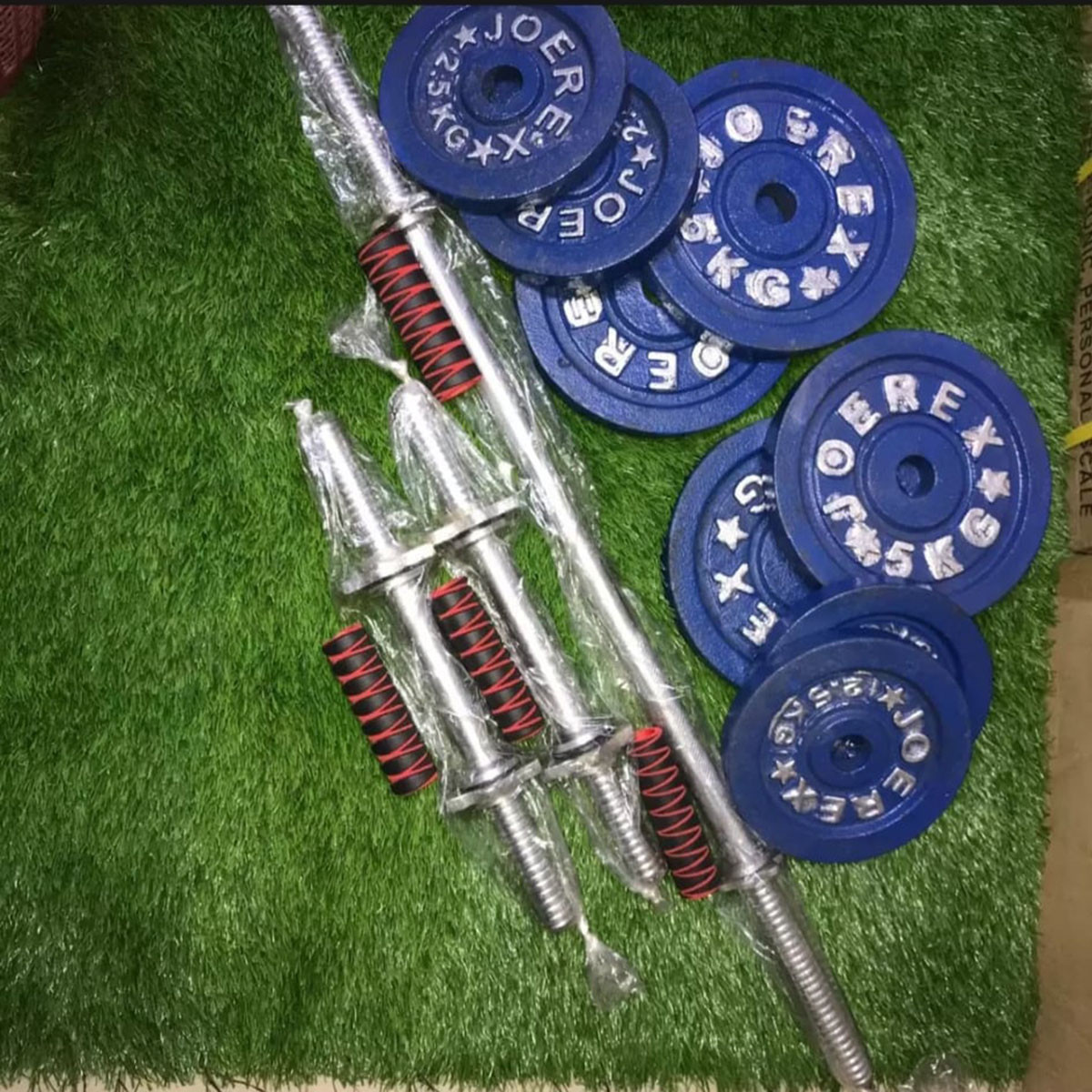 Eight Pieces Dumbbell Set With Two 10 inch Sticks 1 pcs 3 feet burble - 10Kg - Blue and Silver Combo