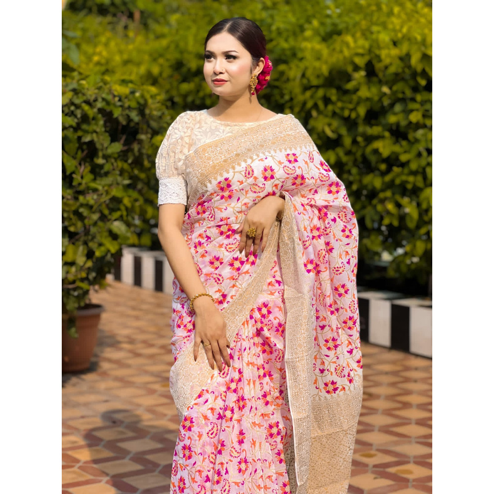 Katan designer block print Half Silk Saree For Woman