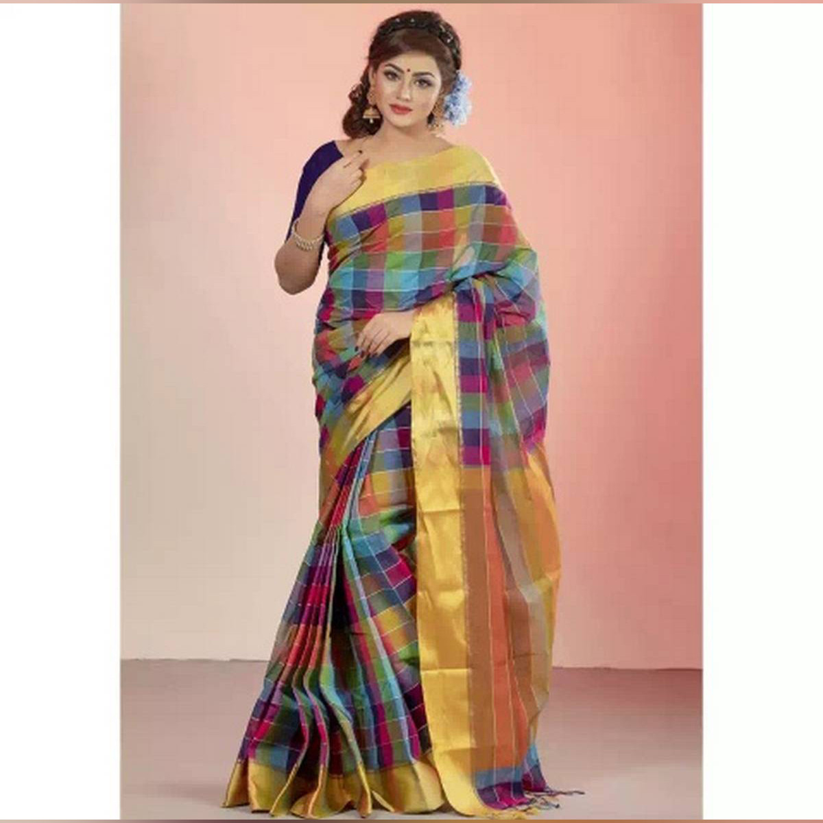 Multicolor Cotton/Suti Tangail Tant Check Saree For Women With Running Blouse Piece