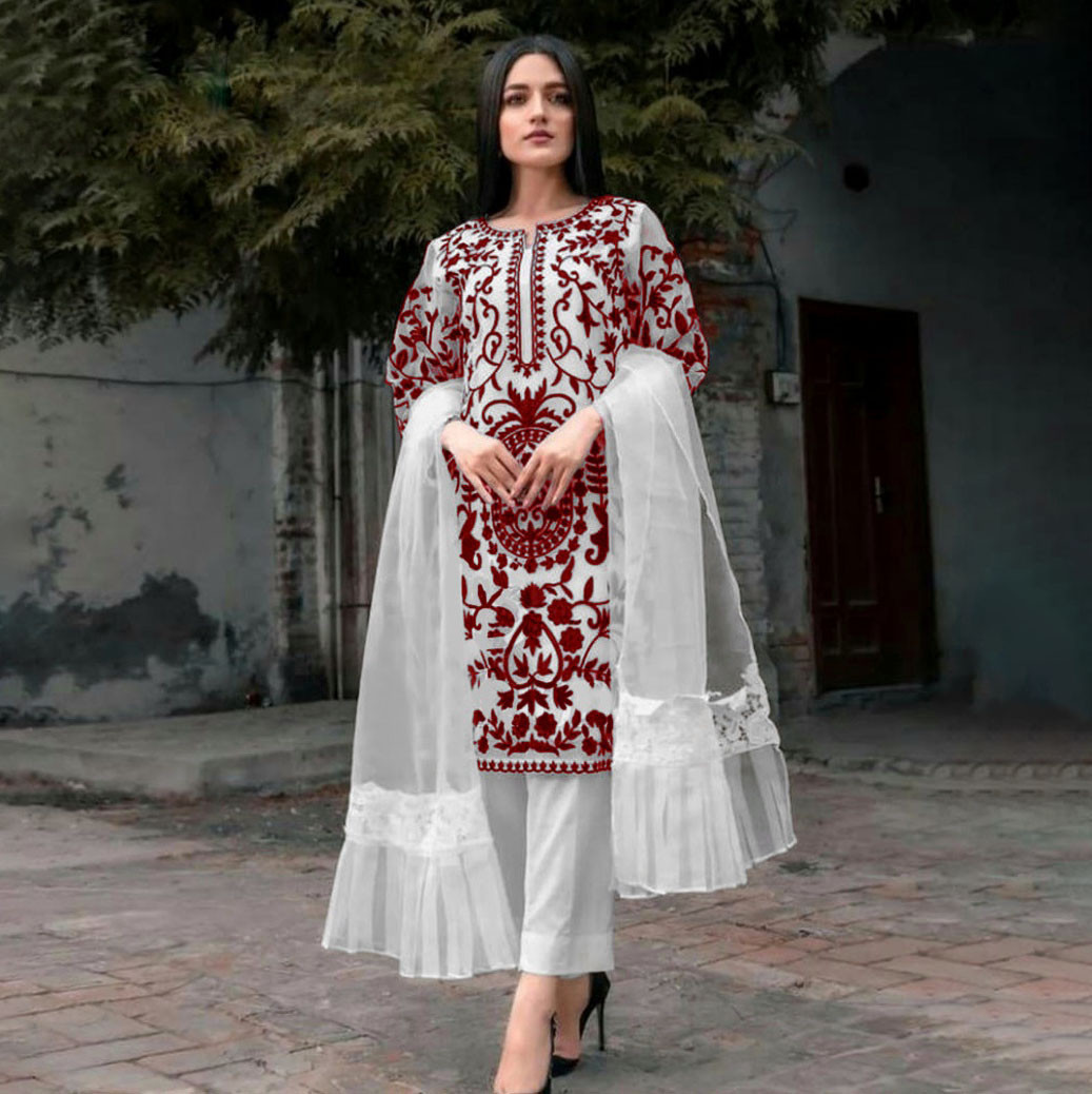 Three Piece- Weightless Georgette Heavy Soft Semi Stitched Best Quality Embroidery Work Dress Salwar Kameez For Girl And Women.