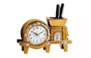 Desk Clock and Pen Holder Brass Pen Holder Clock Analog Dial Desk Clock Office Table Clock & Pen Holder