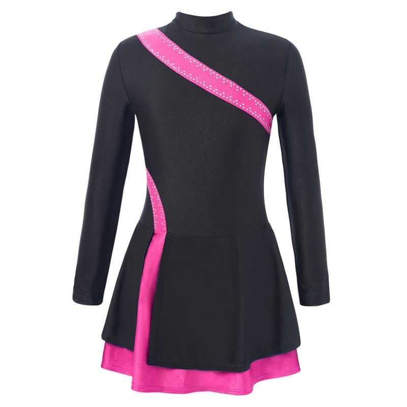 Figure Ice Skating Dress Kids Girls Gymnastics Workout Leotard Ballet Dance Dress Long Sleeves Training Performance Clothes