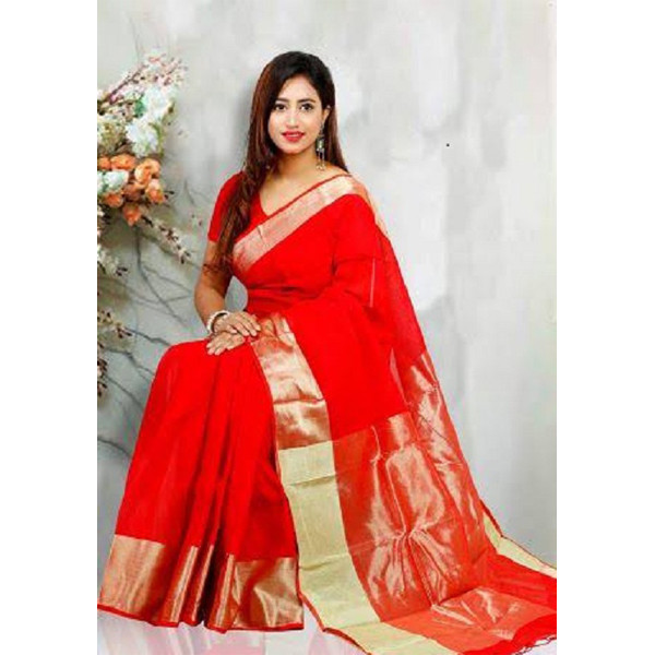 Tangail Tat Saree-Red Half Silk -1pics