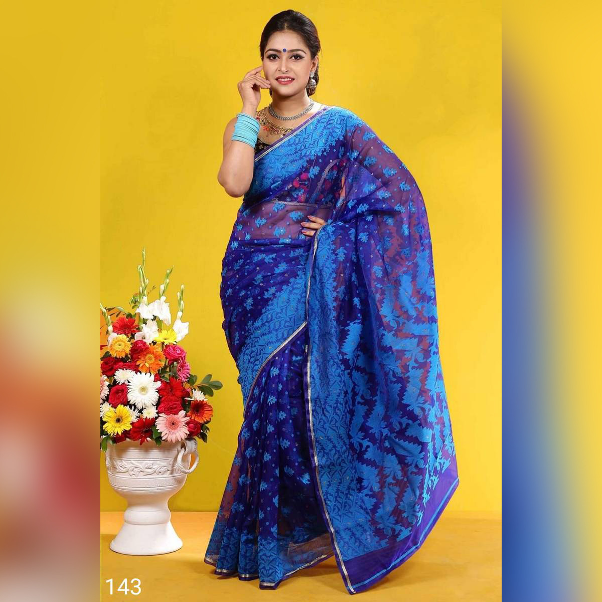 Eye catching design with Exclusive collection Blue color Moslin Silk Jamdani Saree for Women