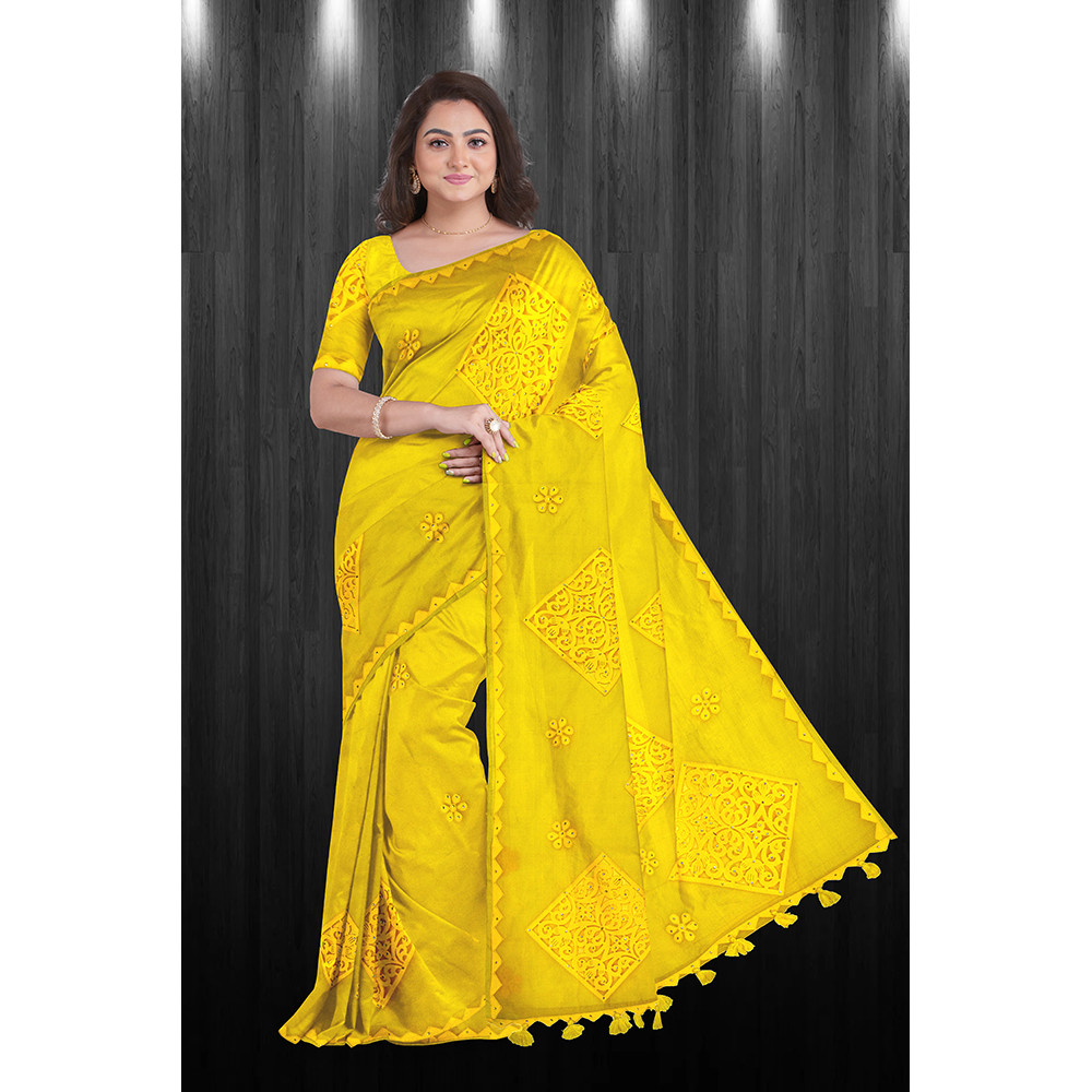 Multi-colour Half Silk Cut Work Saree with Running Blouse Piece for Women