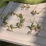 Lily of The Valley Pearl Necklace Earrings for Women Fashion Elegant White Flowers Drop Bracelet Wedding Party Jewelry Set