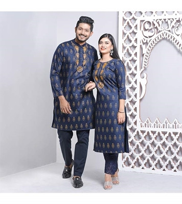 Men's & Women's Couple Panjabi & Kameez Combo Navy Blue