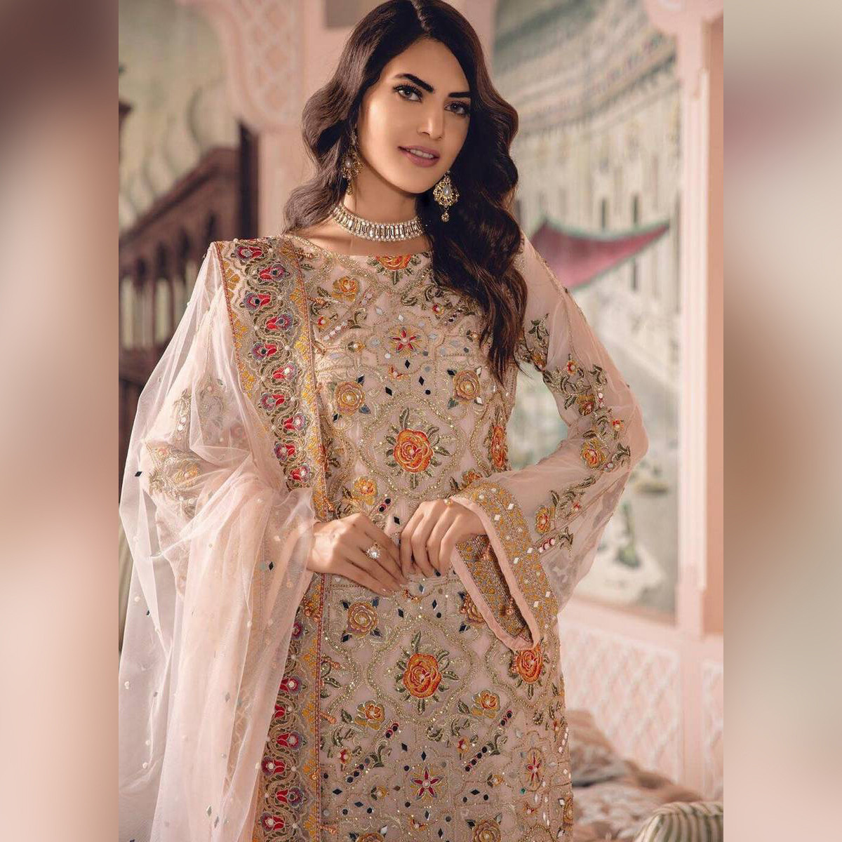 Light Orange Color Weightless Georgette Party Wear Embroidered Designer Salwar Kameez Suits For Women