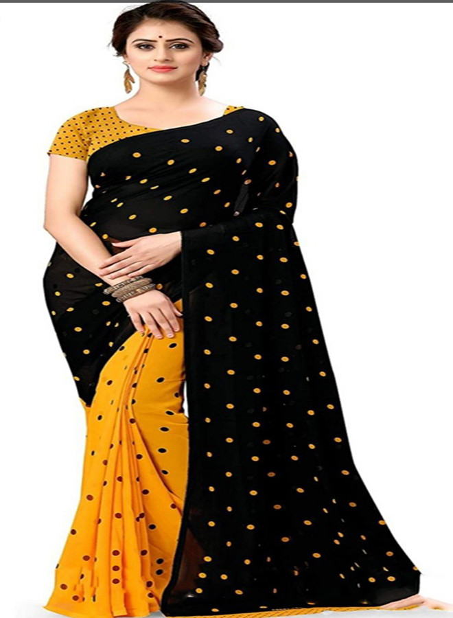 Black & Yellow Combnation Color Hand Print 12 Hand Muslin Silk Saree for Women