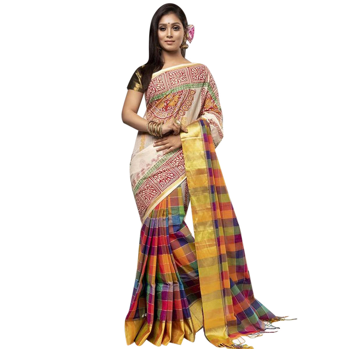 Multicolor Designer Cotton Block Print Saree With Running Blouse Piece for Women