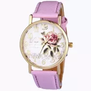 Rose Pattern Quartz-watch Faux Leather Strap Glass Print Dial Birthday Surprise