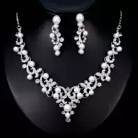 Fashion Alloy Rhinestone Faux Pearl Necklace Earrings Women Bride Jewelry Set