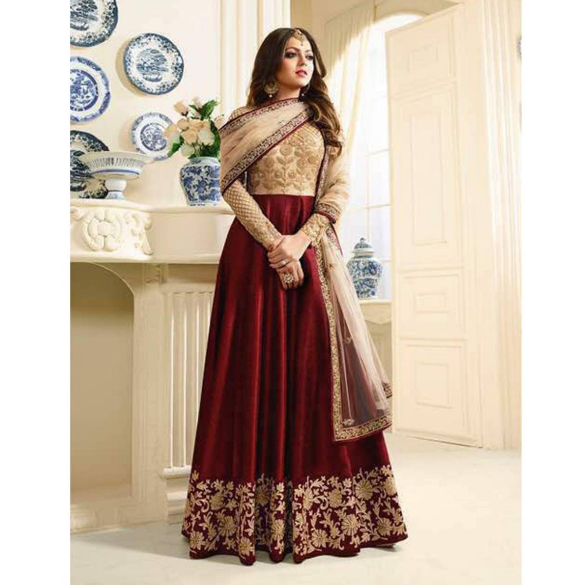 Maroon and Golden Georgette Gown For Women