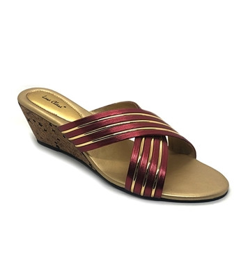 Bay Ladies Open Flat Sandal Red And Golden