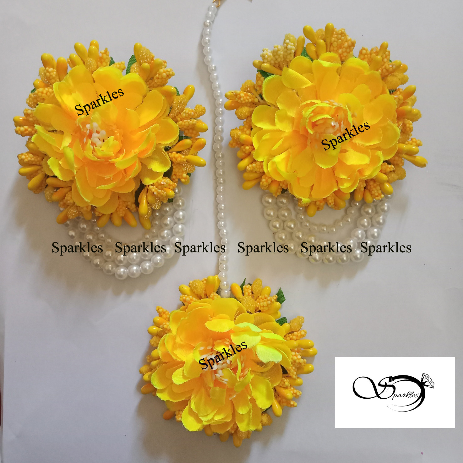 Non- Bridal Artificial Flower Jewellery Set (Yellow Color) -3 pc