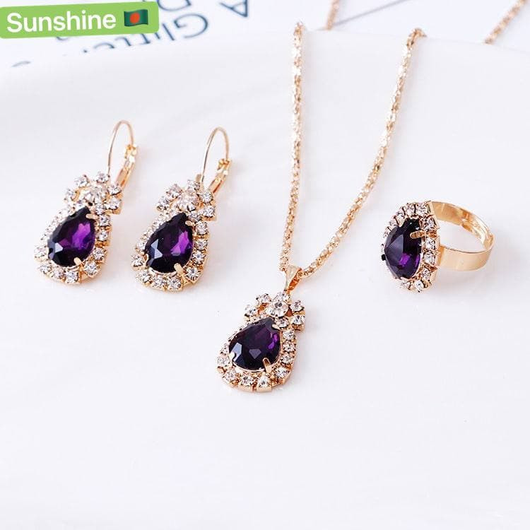 Foreign trade crystal flash set necklace earrings ring three-piece wedding dress jewelry jewelry.