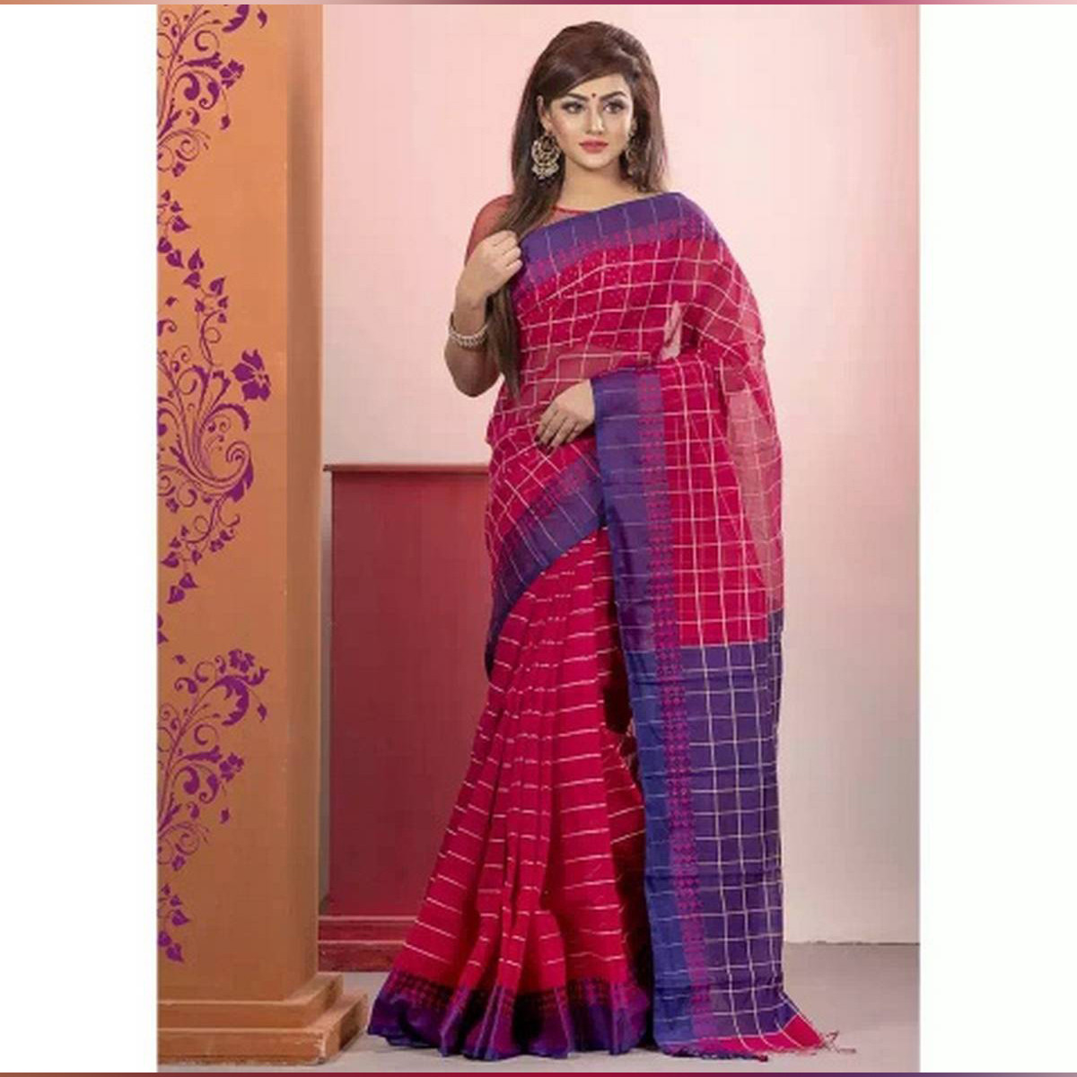 Multicolor Cotton/Suti Tangail Tant Check Saree For Women With Running Blouse Piece