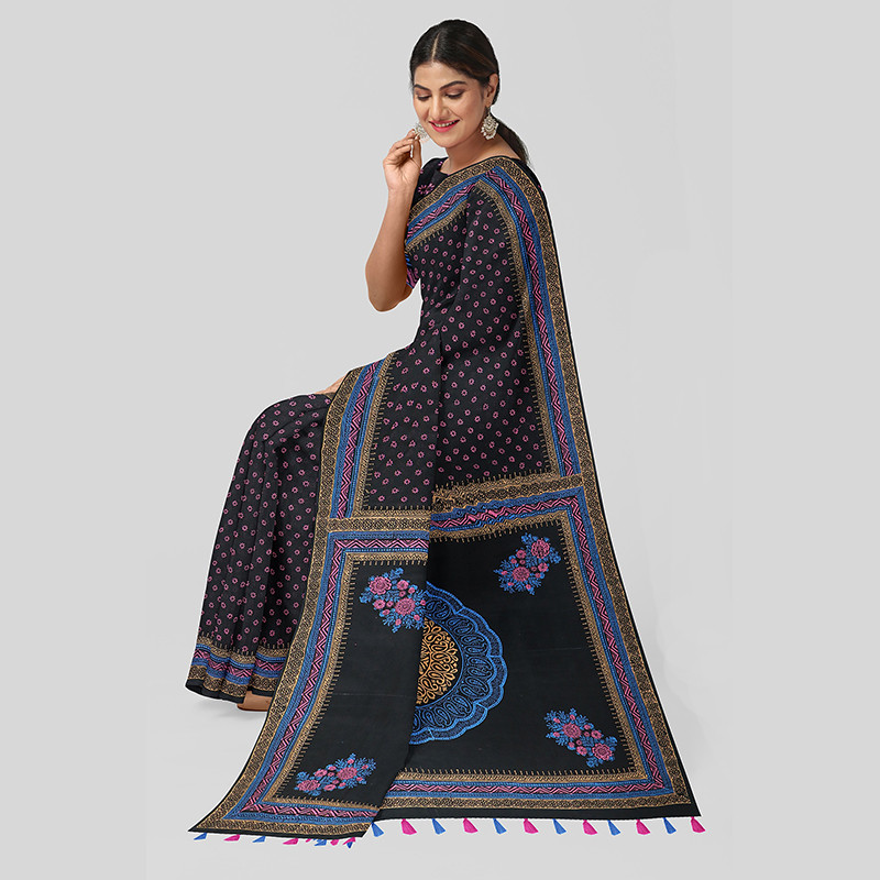 HALF SILK SAREE- Block Print & Embroidery Work